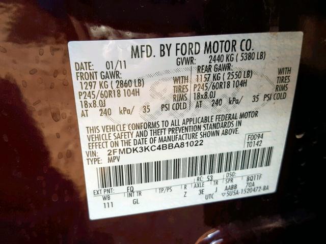 2FMDK3KC4BBA81022 - 2011 FORD EDGE LIMIT BURGUNDY photo 10