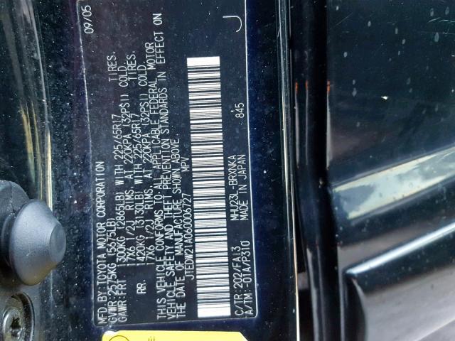 JTEDW21A060006727 - 2006 TOYOTA HIGHLANDER BLACK photo 10