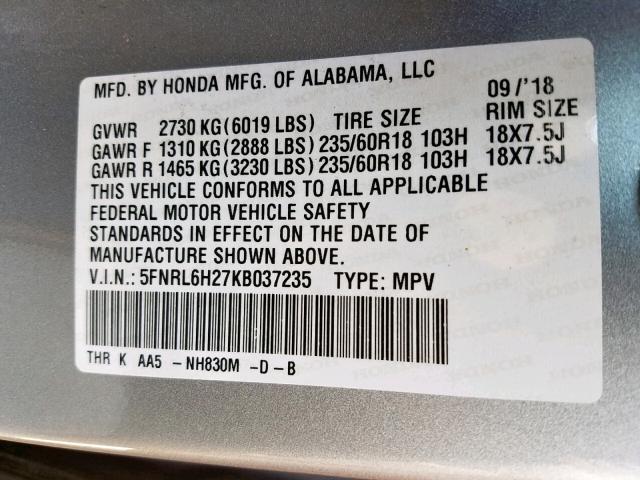 5FNRL6H27KB037235 - 2019 HONDA ODYSSEY LX SILVER photo 10