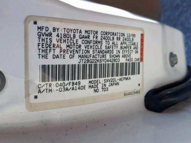 JT2BG22K6Y0442803 - 2000 TOYOTA CAMRY CE WHITE photo 10