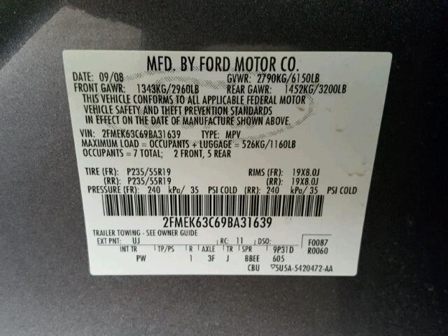 2FMEK63C69BA31639 - 2009 FORD FLEX LIMIT GRAY photo 10