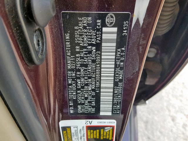 4T1BK3DB8BU410973 - 2011 TOYOTA AVALON BAS BURGUNDY photo 10