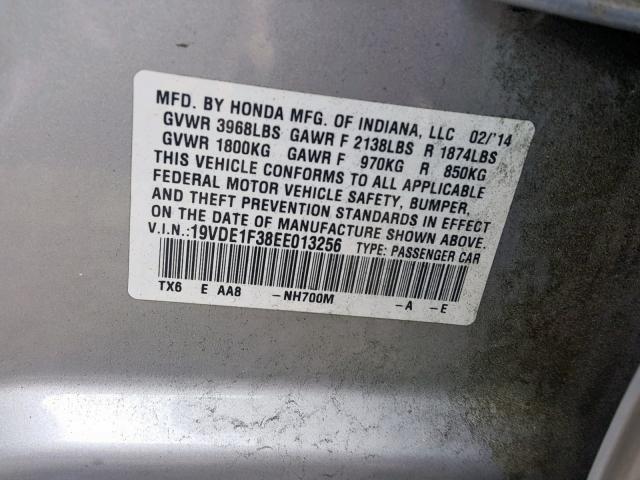 19VDE1F38EE013256 - 2014 ACURA ILX 20 SILVER photo 10