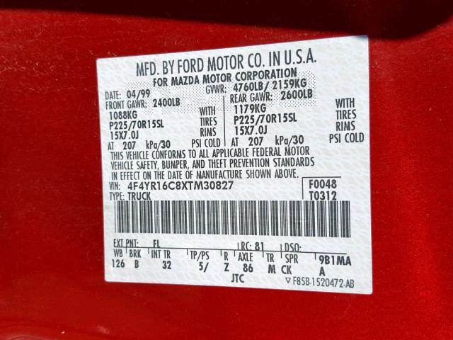 4F4YR16C8XTM30827 - 1999 MAZDA B2500 CAB RED photo 10