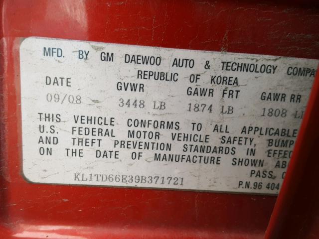 KL1TD66E39B371721 - 2009 CHEVROLET AVEO LS RED photo 10