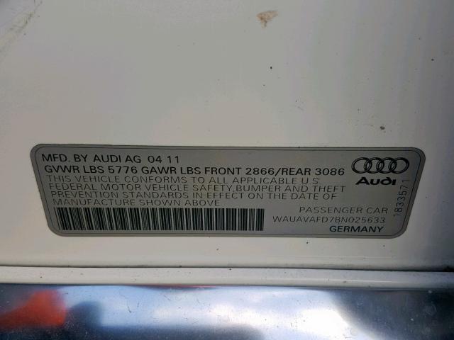 WAUAVAFD7BN025633 - 2011 AUDI A8 QUATTRO WHITE photo 10