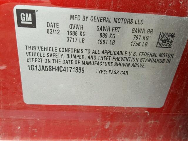 1G1JA5SH4C4171339 - 2012 CHEVROLET SONIC LS 红色 照片 10