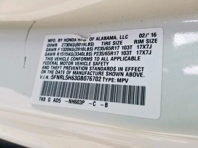 5FNRL5H63GB076702 - 2016 HONDA ODYSSEY EX WHITE photo 10