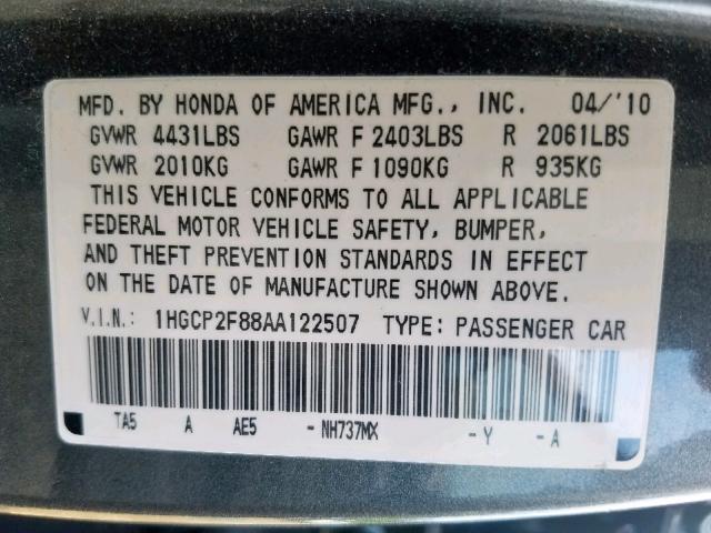 1HGCP2F88AA122507 - 2010 HONDA ACCORD EXL GRAY photo 10