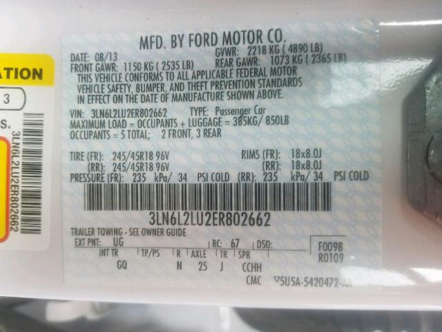 3LN6L2LU2ER802662 - 2014 LINCOLN MKZ HYBRID WHITE photo 10