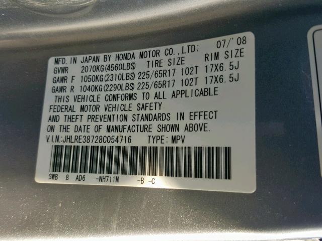 JHLRE38728C054716 - 2008 HONDA CR-V EXL SILVER photo 10