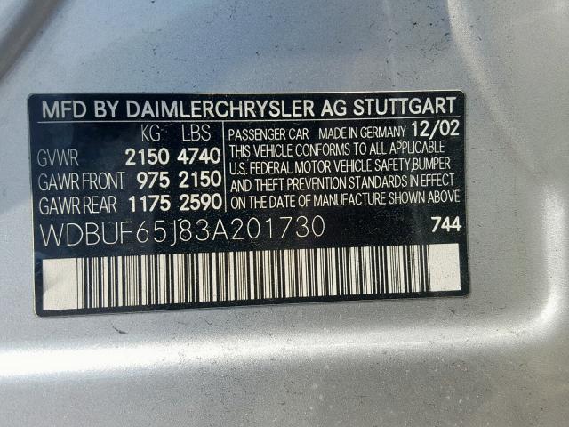 WDBUF65J83A201730 - 2003 MERCEDES-BENZ E 320 SILVER photo 10