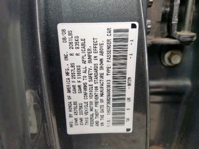 1HGCP36829A003613 - 2009 HONDA ACCORD EXL GRAY photo 10