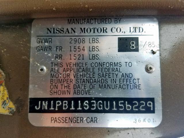 JN1PB11S3GU156229 - 1986 NISSAN SENTRA BROWN photo 10