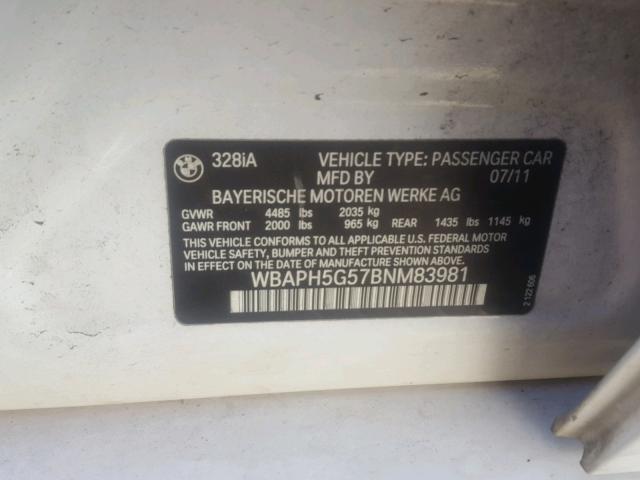 WBAPH5G57BNM83981 - 2011 BMW 328 I SULE WHITE photo 10