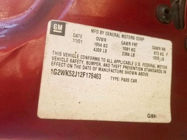 1G2WK52J12F178463 - 2002 PONTIAC GRAND PRIX MAROON photo 10