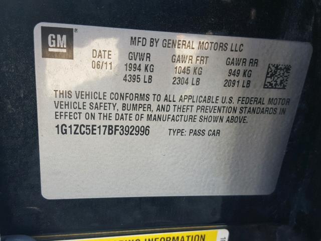 1G1ZC5E17BF392996 - 2011 CHEVROLET MALIBU 1LT BLACK photo 10