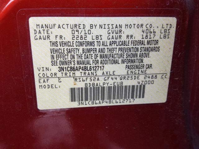 3N1CB6AP4BL612717 - 2011 NISSAN SENTRA SE- RED photo 10