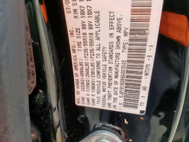 5J8TB18289A003045 - 2009 ACURA RDX BLACK photo 10