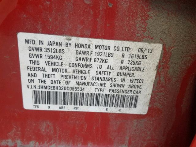 JHMGE8H32DC055534 - 2013 HONDA FIT RED photo 10