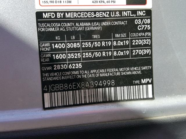 4JGBB86EX8A394998 - 2008 MERCEDES-BENZ ML 350 SILVER photo 10