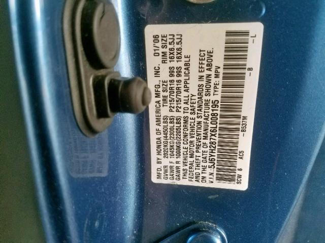 5J6YH287X6L008195 - 2006 HONDA ELEMENT EX BLUE photo 10