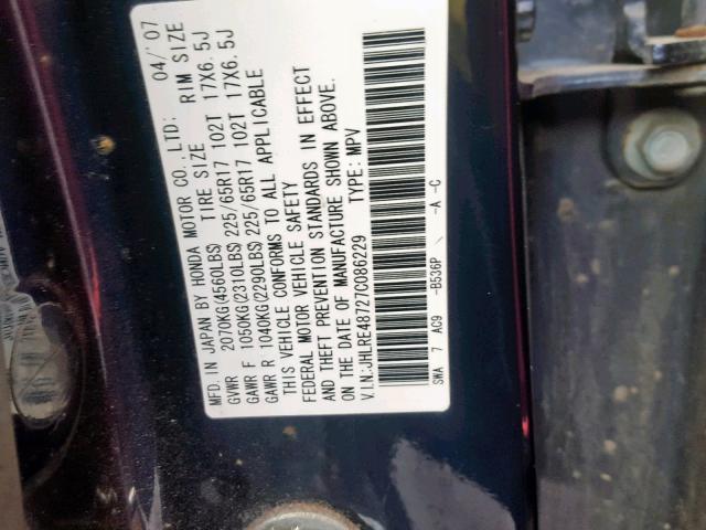 JHLRE48727C086229 - 2007 HONDA CR-V EXL BLUE photo 10