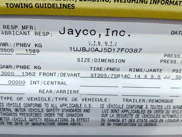 1UJBJ0AJ5D17F0387 - 2013 JAYCO SWIFT  WHITE photo 20