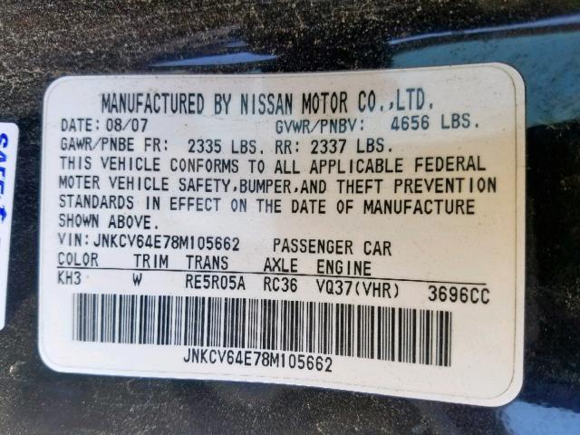 JNKCV64E78M105662 - 2008 INFINITI G37 BASE BLACK photo 10