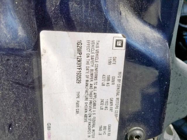 1G2WP12K9YF193529 - 2000 PONTIAC GRAND PRIX BLUE photo 10