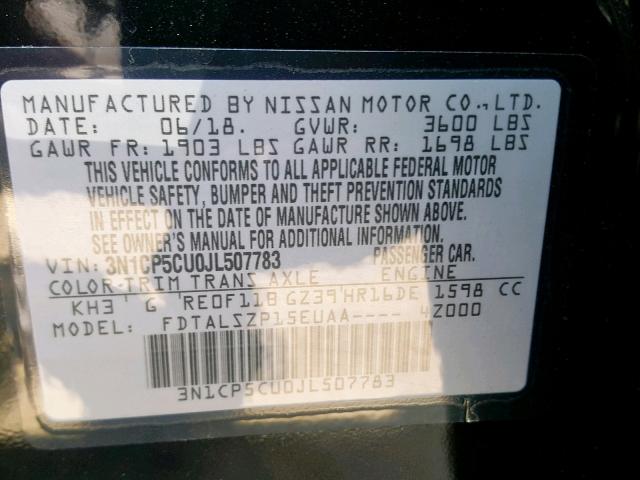 3N1CP5CU0JL507783 - 2018 NISSAN KICKS S BLACK photo 10