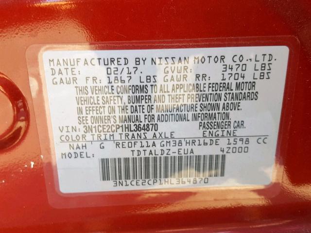 3N1CE2CP1HL364870 - 2017 NISSAN VERSA NOTE RED photo 10