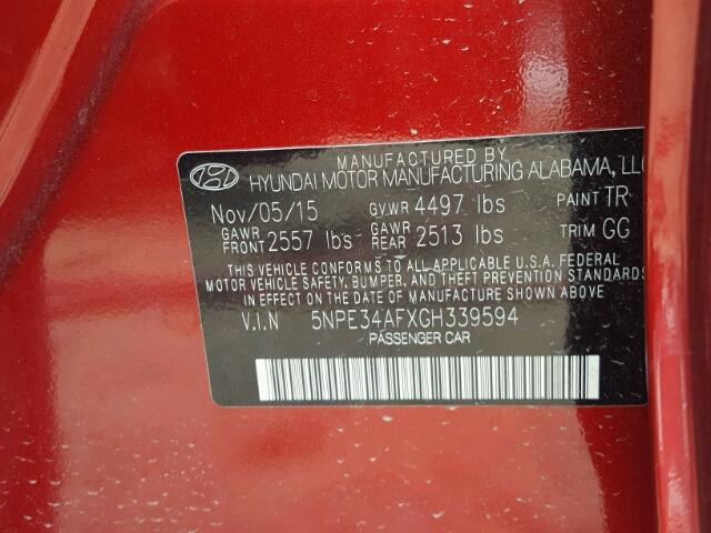 5NPE34AFXGH339594 - 2016 HYUNDAI SONATA SPO RED photo 10