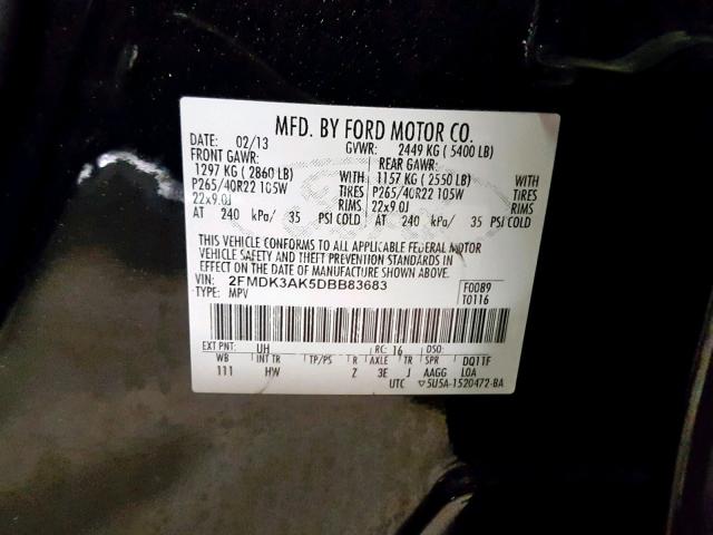 2FMDK3AK5DBB83683 - 2013 FORD EDGE SPORT BLACK photo 10