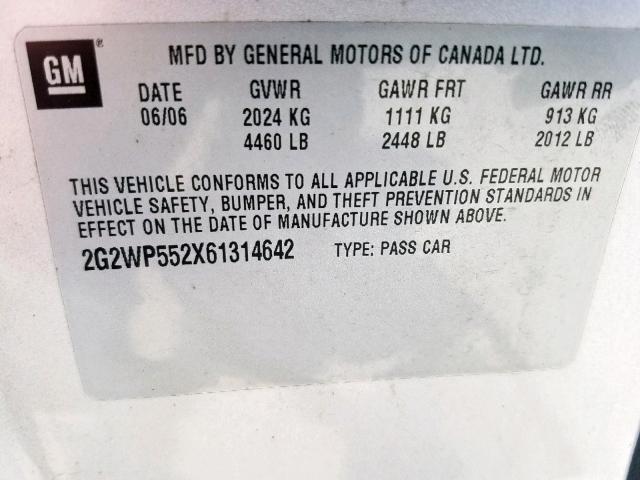 2G2WP552X61314642 - 2006 PONTIAC GRAND PRIX SILVER photo 10