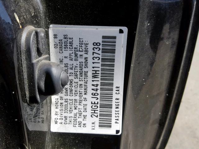 2HGEJ6441WH113738 - 1998 HONDA CIVIC DX BLACK photo 10