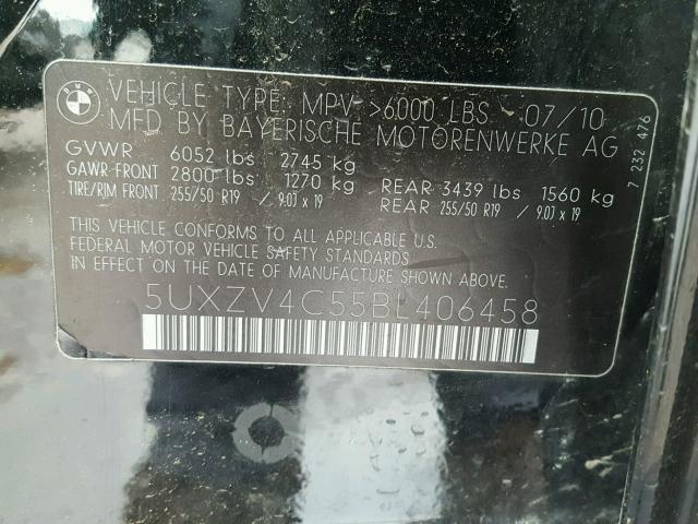 5UXZV4C55BL406458 - 2011 BMW X5 XDRIVE3 Qara foto 10