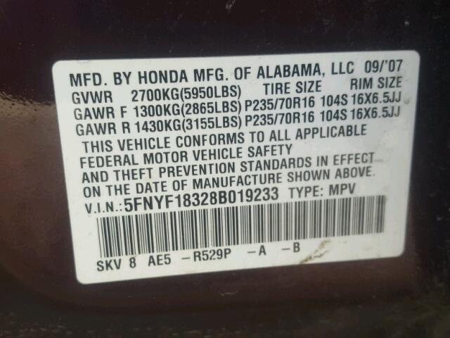 5FNYF18328B019233 - 2008 HONDA PILOT SE RED photo 10