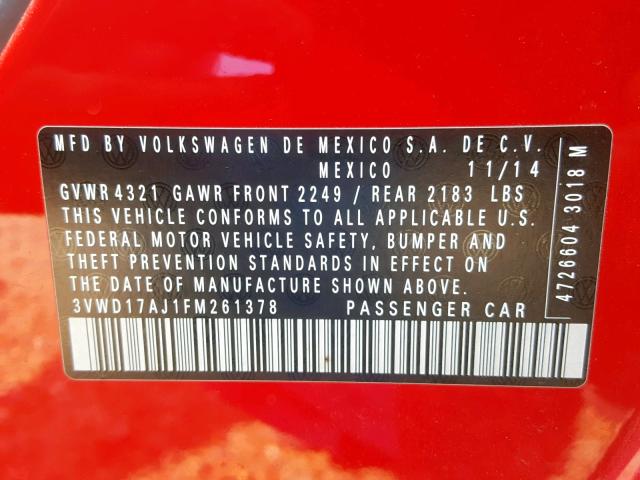 3VWD17AJ1FM261378 - 2015 VOLKSWAGEN JETTA SE RED photo 10