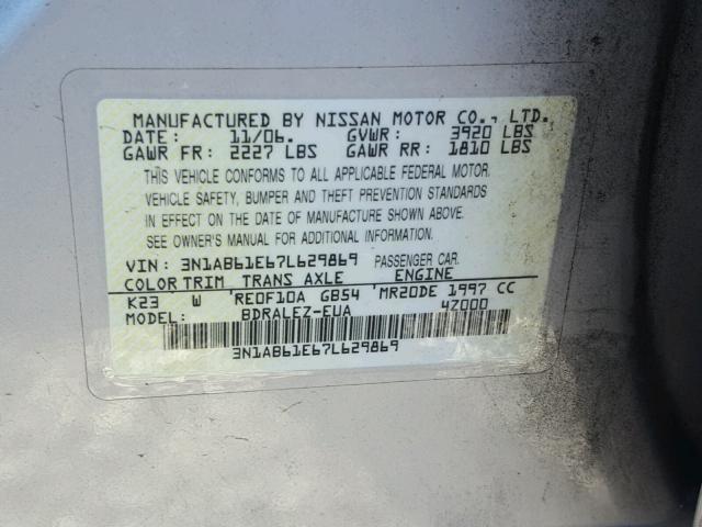 3N1AB61E67L629869 - 2007 NISSAN SENTRA 2.0 SILVER photo 10