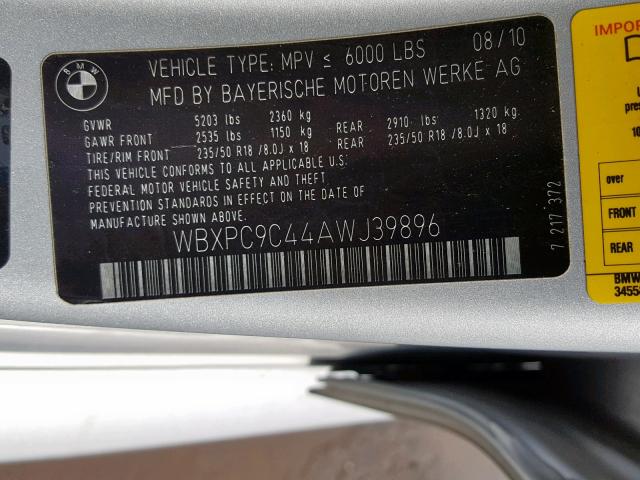 WBXPC9C44AWJ39896 - 2010 BMW X3 XDRIVE3 SILVER photo 10