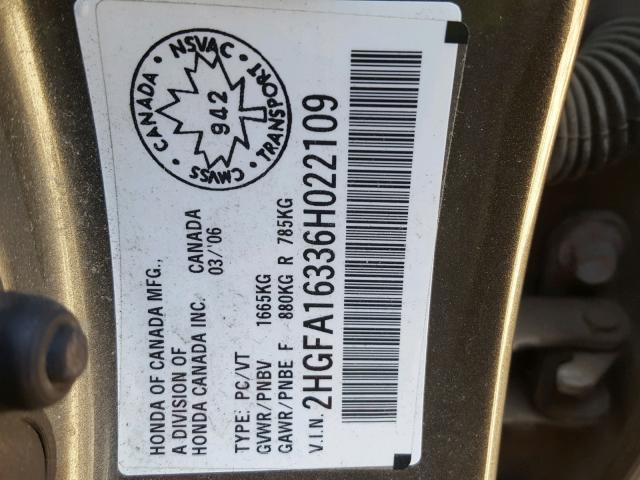 2HGFA16336H022109 - 2006 HONDA CIVIC DX V GRAY photo 10