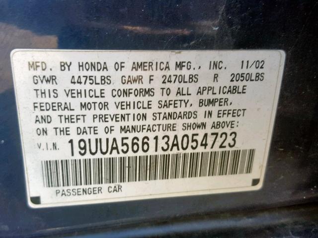 19UUA56613A054723 - 2003 ACURA 3.2TL BLUE photo 10