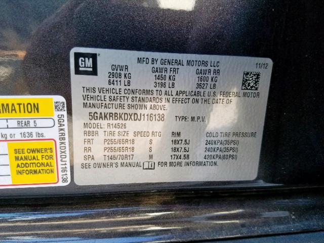 5GAKRBKDXDJ116138 - 2013 BUICK ENCLAVE BLACK photo 10