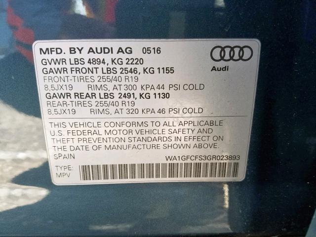 WA1GFCFS3GR023893 - 2016 AUDI Q3 PRESTIG BLUE photo 10