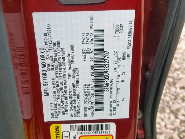 3FA6P0SU9ER227707 - 2014 FORD FUSION TIT RED photo 10