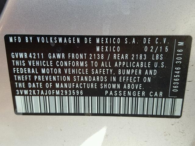 3VW2K7AJ0FM293596 - 2015 VOLKSWAGEN JETTA BASE SILVER photo 10