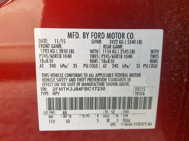 2FMTK3J84FBC17230 - 2015 FORD EDGE SEL RED photo 10