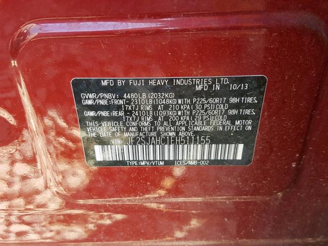 JF2SJAHC1EH511155 - 2014 SUBARU FORESTER 2 RED photo 10