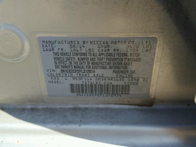 3N1CE2CP2FL372974 - 2015 NISSAN VERSA NOTE SILVER photo 10